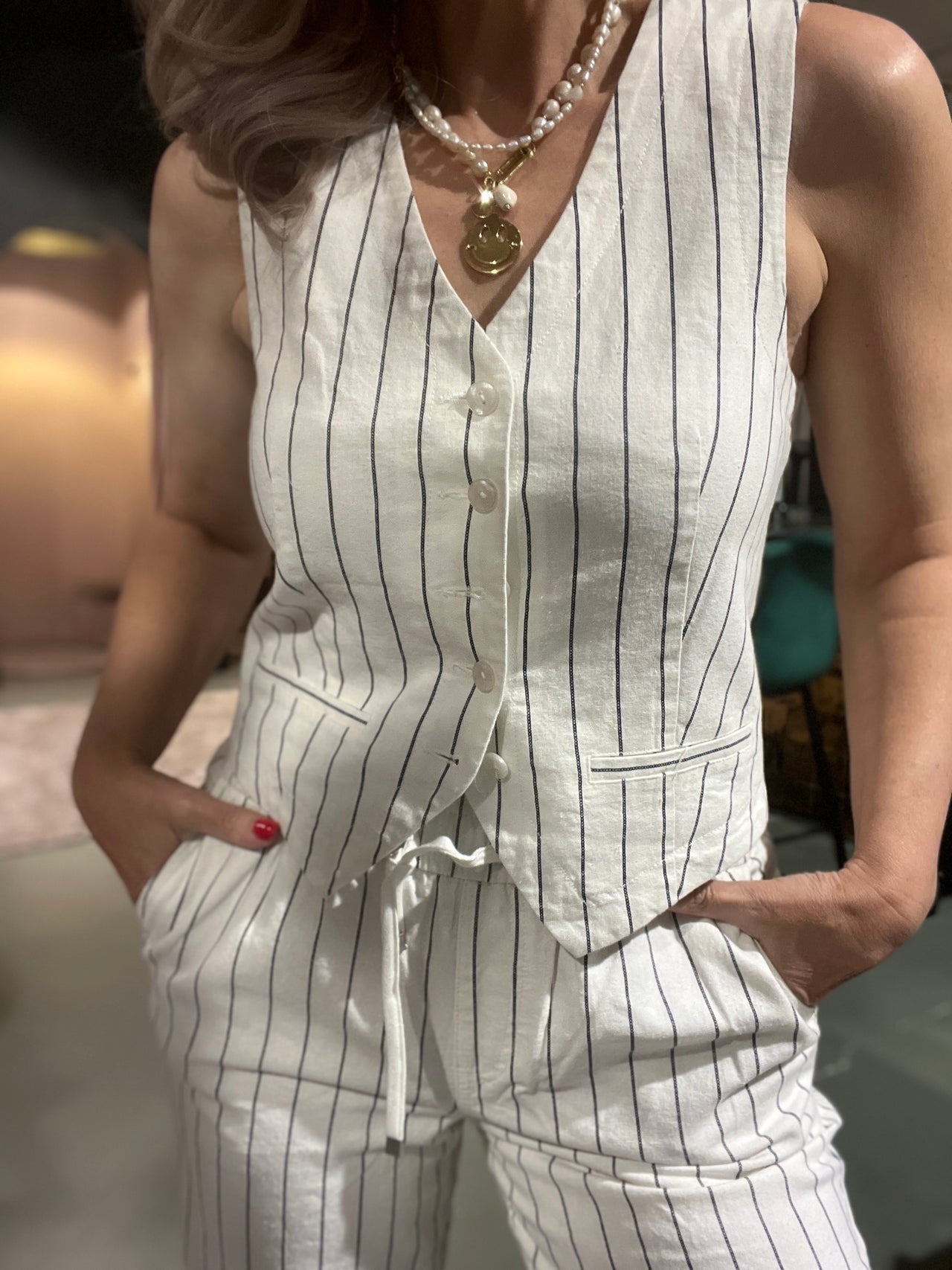 Red Button gilet cotton linnen stripe