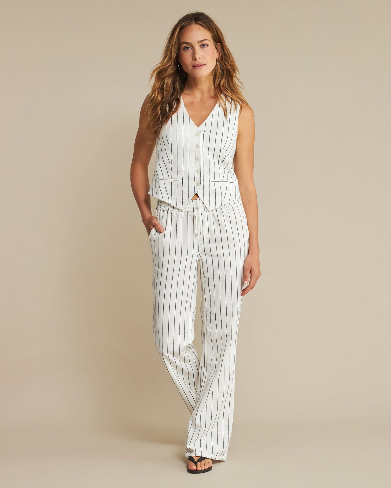 Red Button gilet cotton linnen stripe