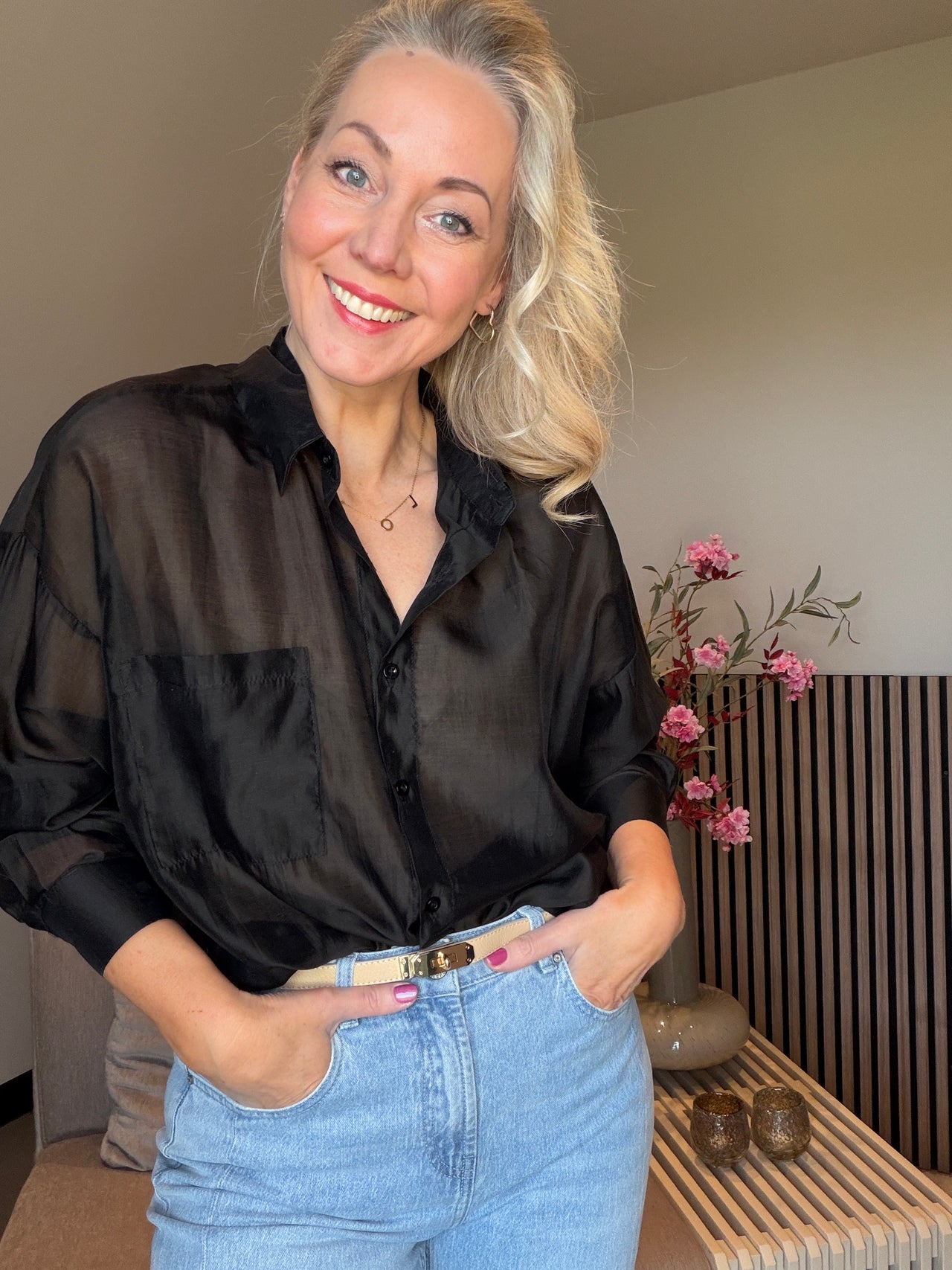 Blouse ruimvallend zijde mix zwart