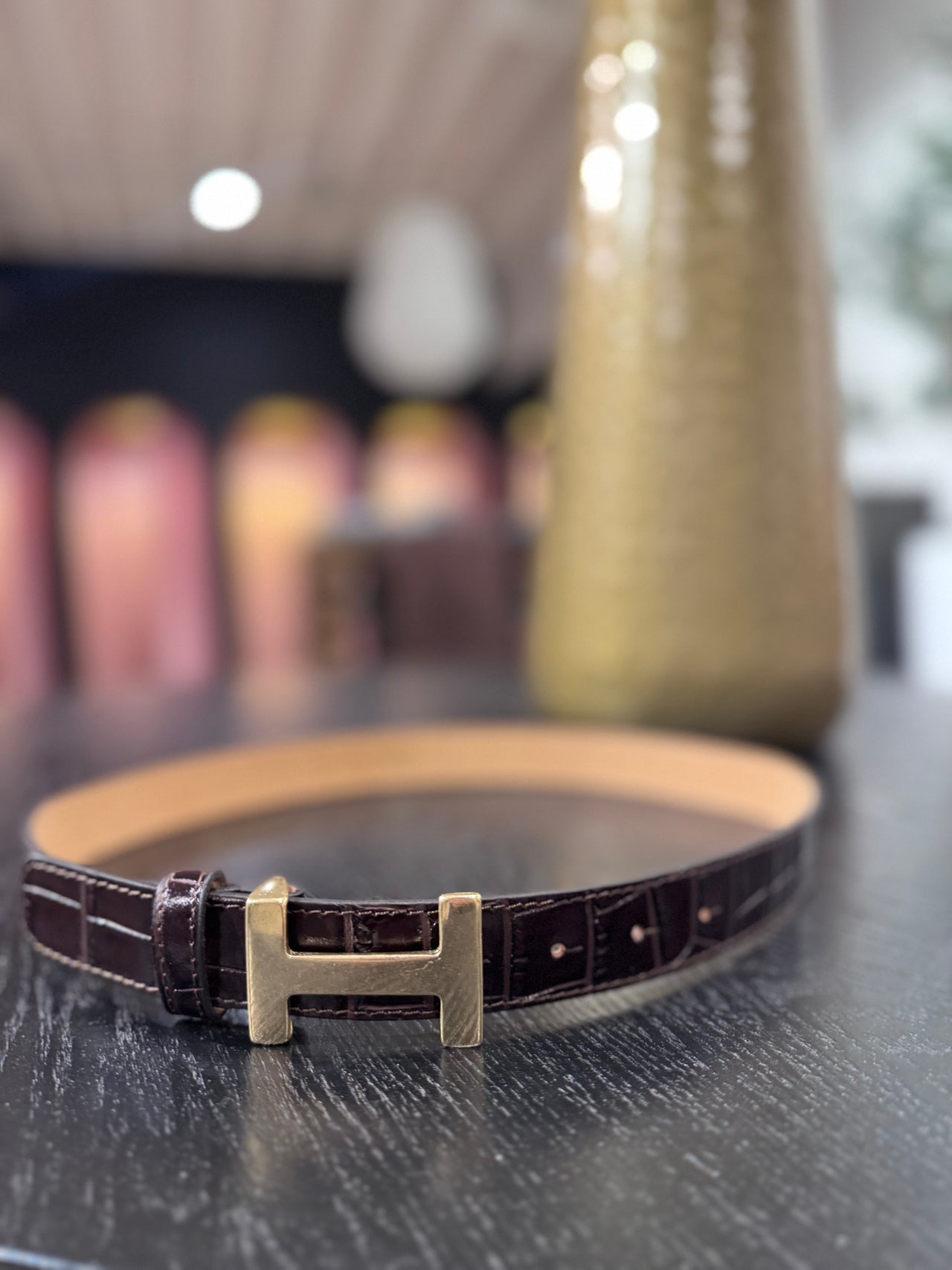 Classic riem big gouden buckle croco donkerbruin