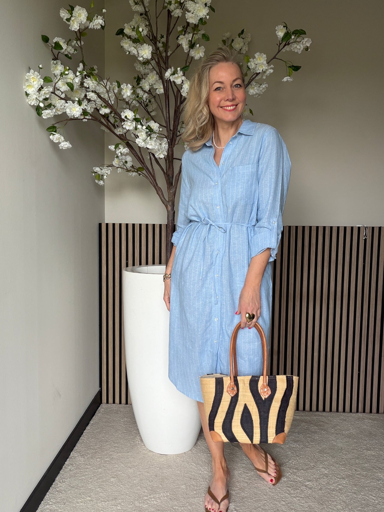 Shirtdress linnen/viscose pinstripe blue