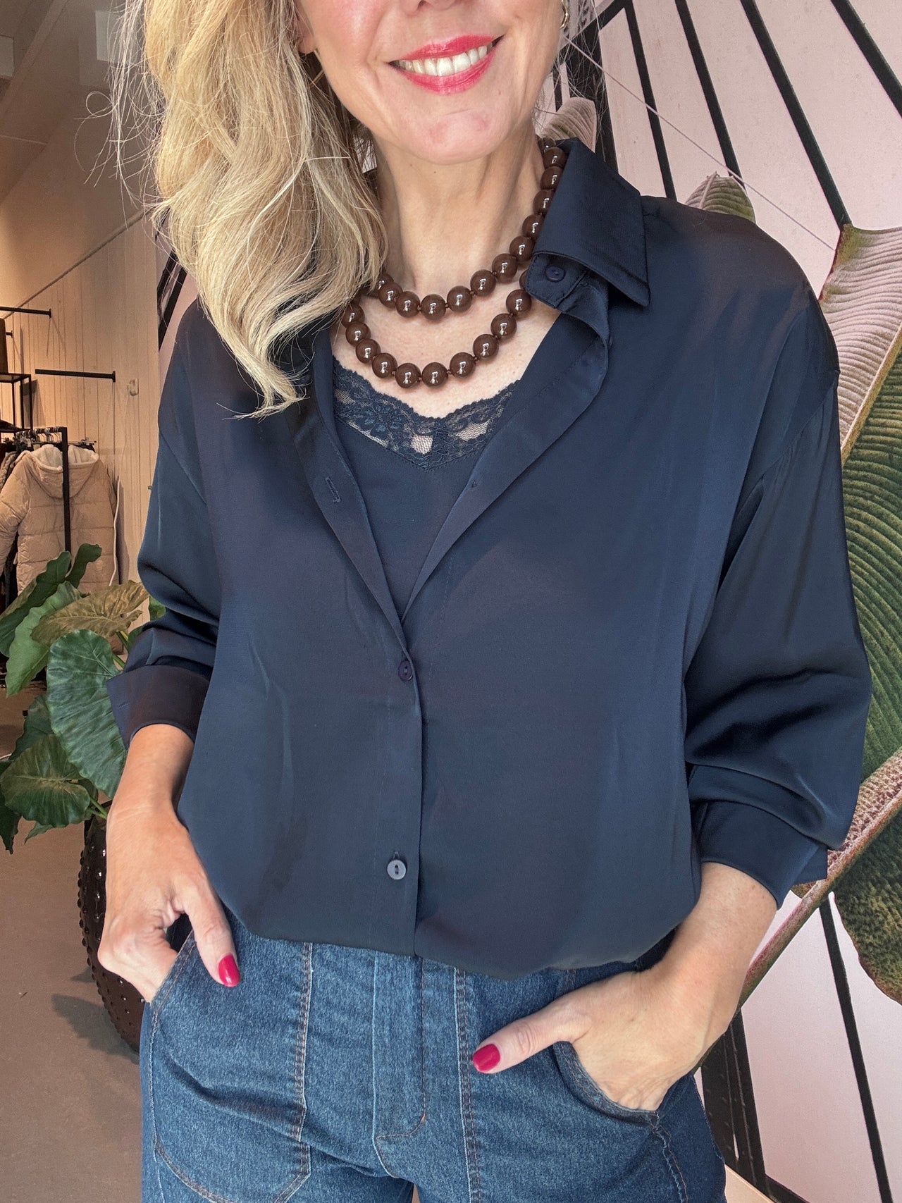 Blouse satijnlook met top kant