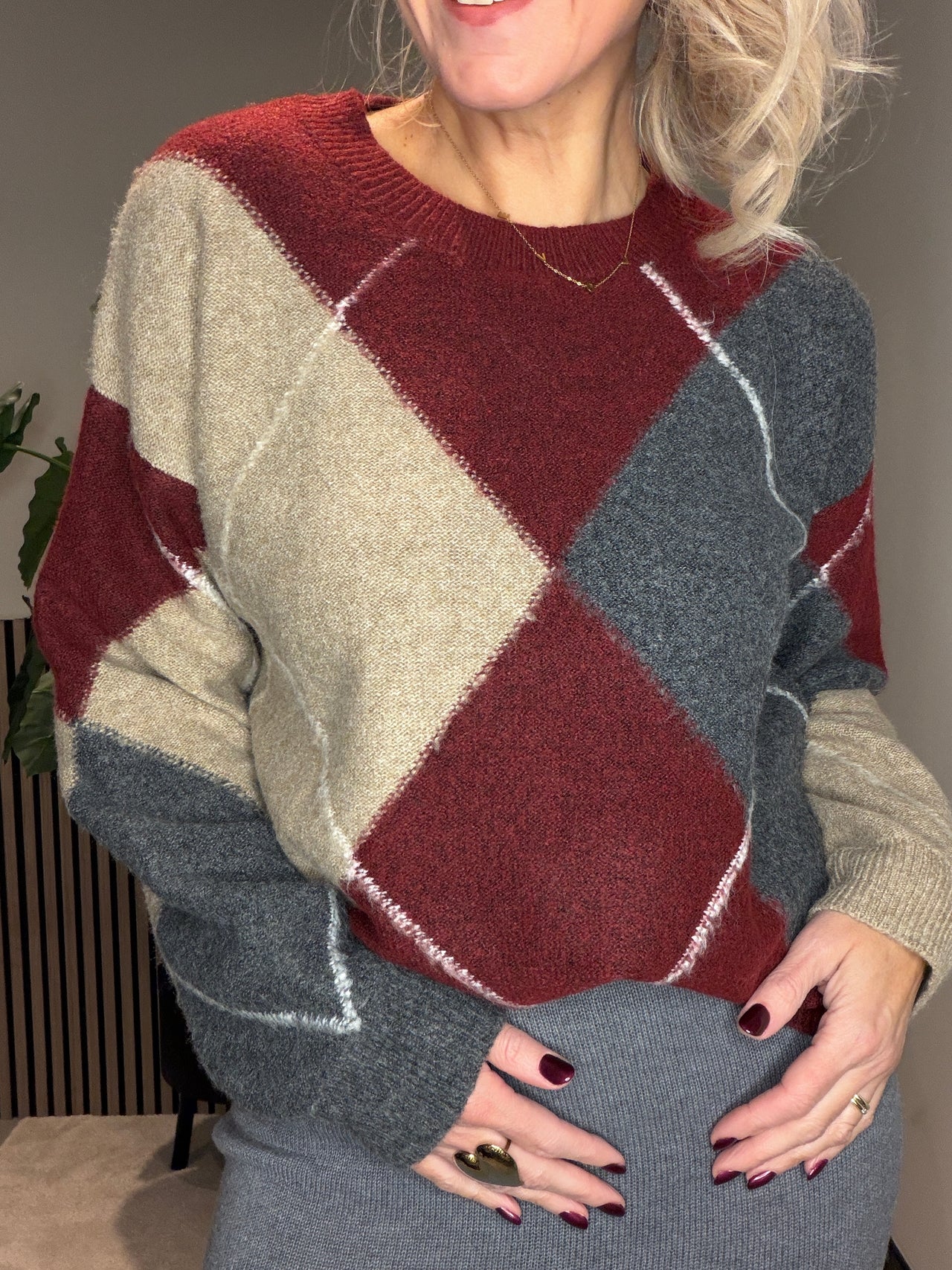 Trui ruit classic sweater grijs/bodeaux